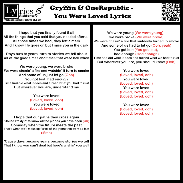 Gryffin & OneRepublic - You Were Loved Lyrics | lyricsassistance.blogspot.com