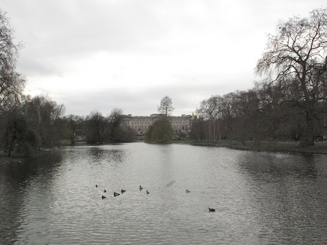 A view of Buckingham Palace from the bridge over the lake in St. James's Park.