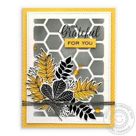 Sunny Studio Stamps: Elegant Leaves "Grateful for You" Yellow, Grey & Black Fall Leaves Card (with Hexagon Background using Frilly Frames dies as stencil)