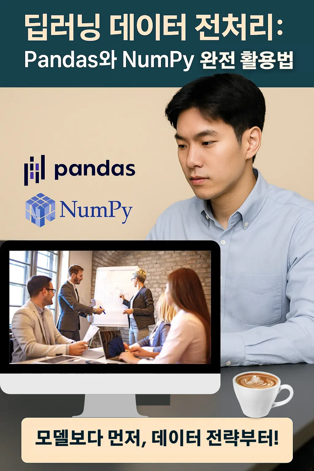 모델보다 먼저, 데이터 전략부터! – Pandas와 NumPy 전처리 인포그래픽 (남성 중심) NumPy와 Pandas로 코드 분석을 하는 20대 남성의 전처리 인포그래픽