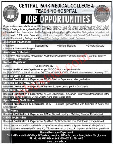 Latest Central Park Medical College & Teaching Hospital Jobs February 2023