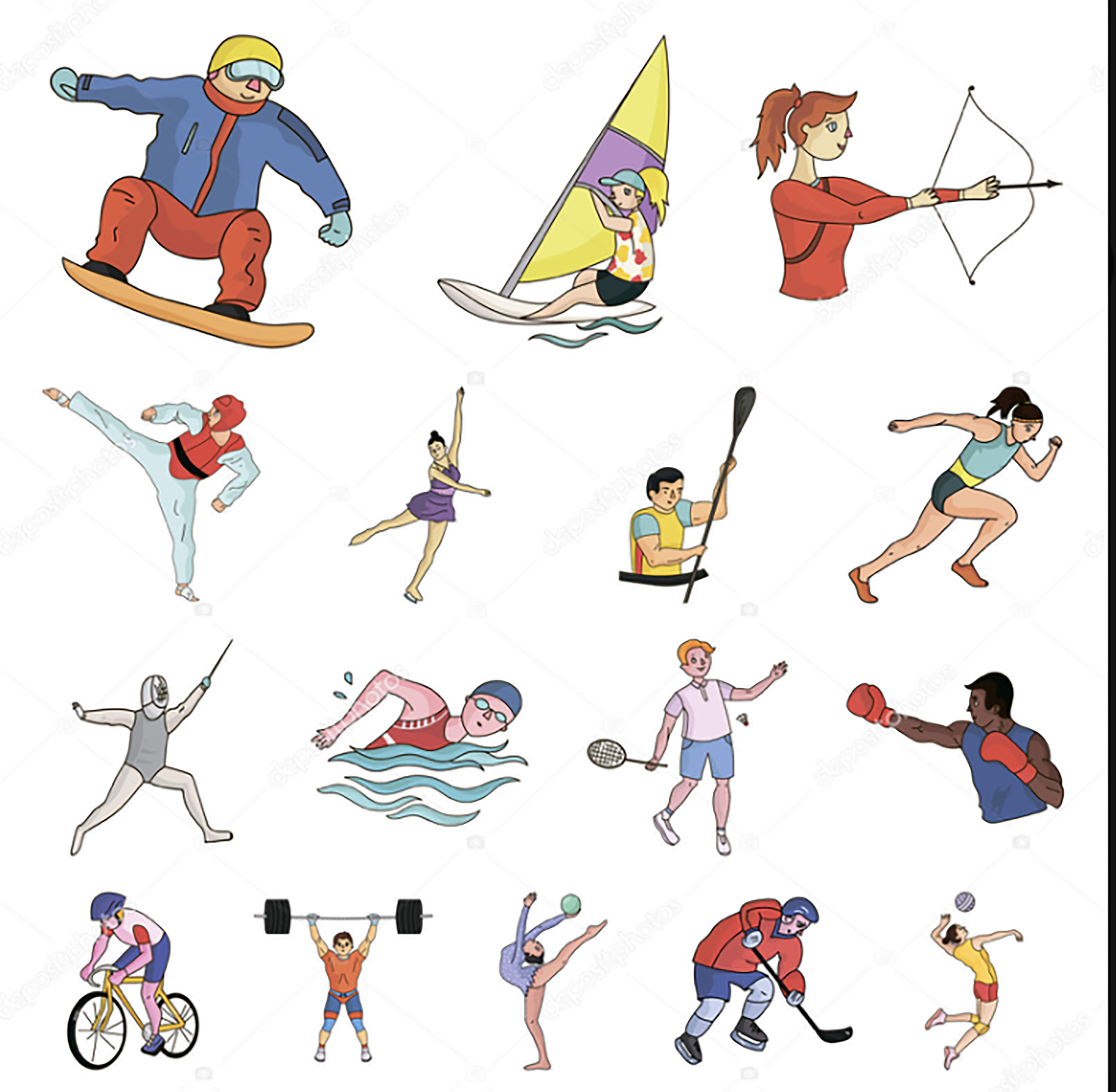 Different kinds of sport. Различные виды спорта рисунок. Иллюстрации с разными видами спорта. Летние виды спорта рисунки. Разные виды спорта в одной картинке.