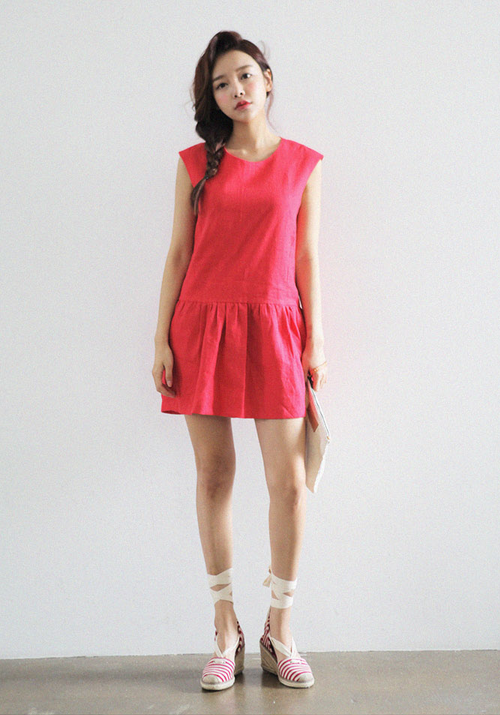 Color Linen Shirred Low Waist Dress