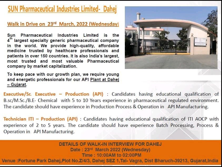 Job Availables,Sun Pharmaceutical Industries Limited Walk-In-Interview For BE Chemical/ BSc/ MSc/ ITI