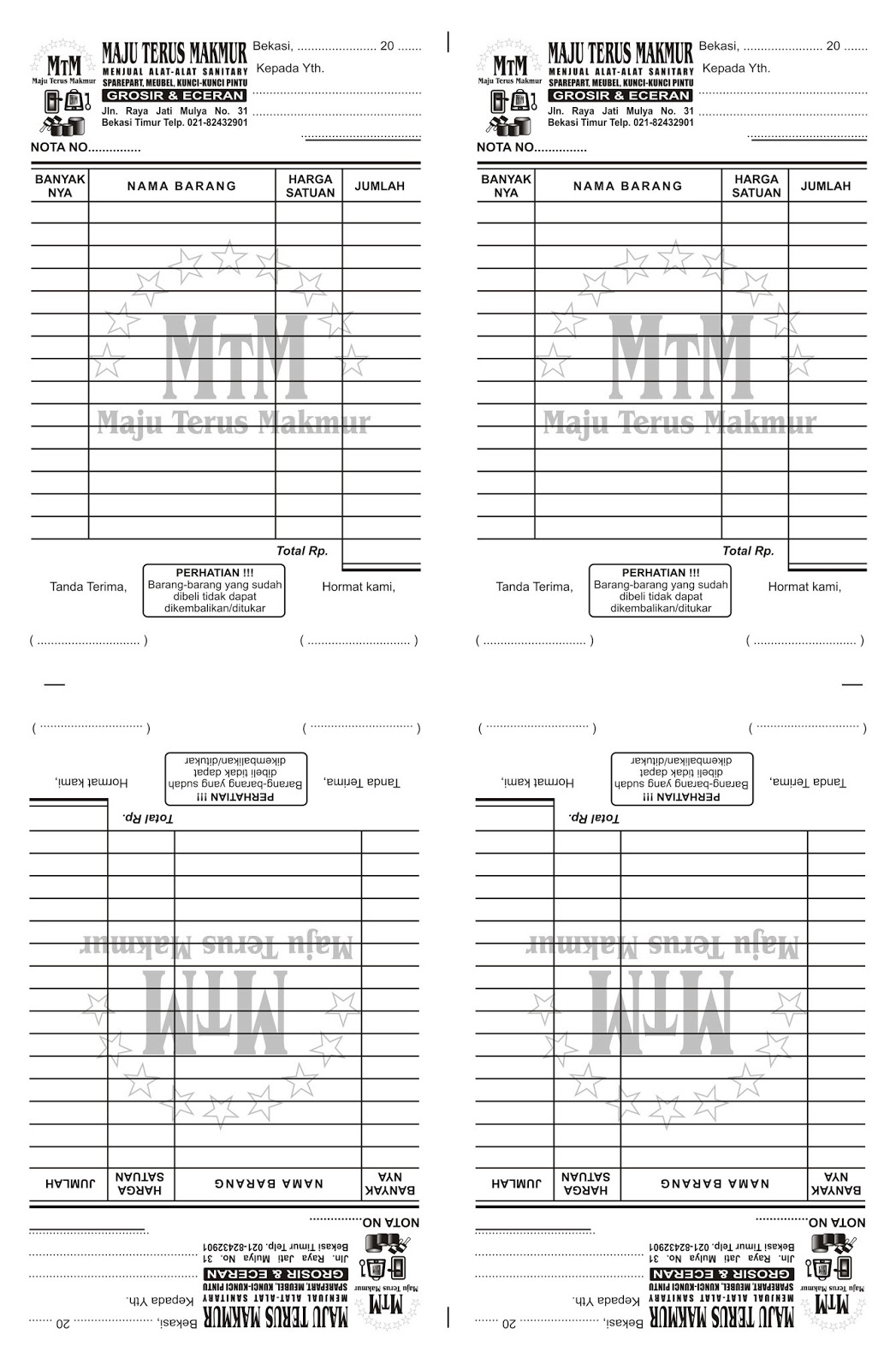 Contoh Nota Ukuran 1/4 Folio Satu Warna  Cahaya Grafindo