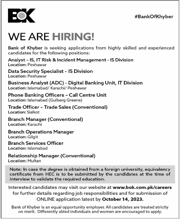 bank of khyber September 2023 job advertisement