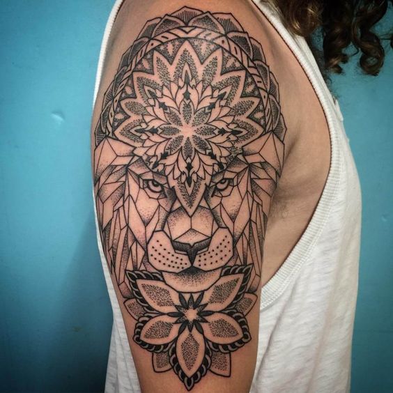 mix-geometric-and-dot-work-lion-tattoo