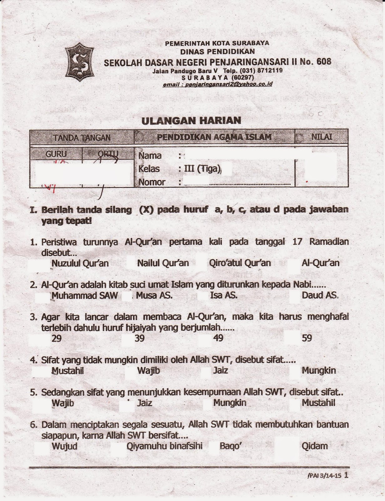 Ulangan Harian Semester Ganjil Agama Islam Kelas 3 SD TA 2014 2015