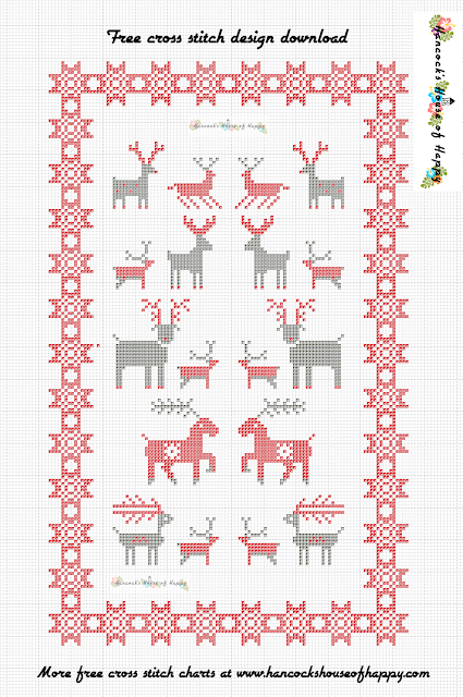 Nordic Cross Stitch Pattern Featuring Festive Reindeer. Free Cross Stitch Sampler Design Download.