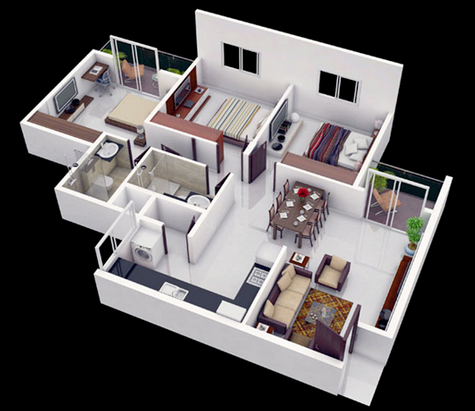Denah Rumah Minimalis 3 Kamar Tidur 3D