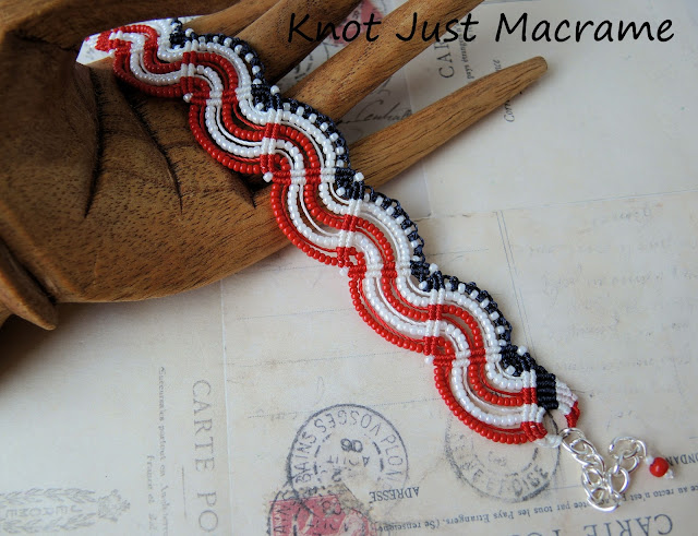 Red white and blue patriotic micro macrame flag bracelet from Knot Just Macrame