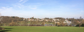 The flooded Sparrow's Den rugby pitches seen from the steps of St John's Church, West Wickham.  6 March 2014.