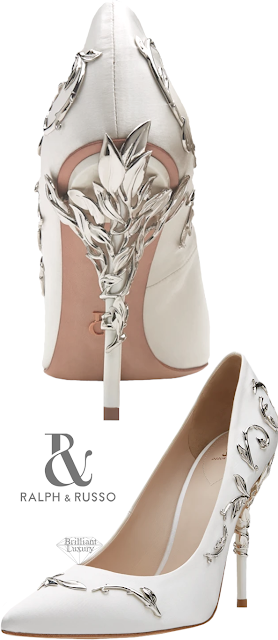 ♦Ralph & Russo white satin Eden pumps with silver leaves #ralphrusso #shoes #brilliantluxury