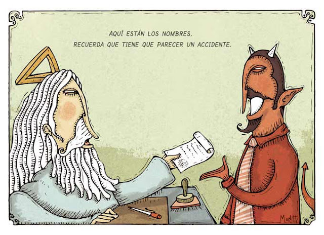 Viñeta comica sobre Dios y el diablo por Alberto Montt