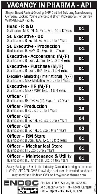 Endoc Life Care Job Vacancy For Production/ QC/ R&D/ Account/ HR/ Purchase/ Marketing/ IT/ QA/ Store/ Maintenance & Utility