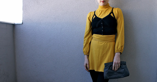 Outfit: Mustard yellow dress and purple shoes 