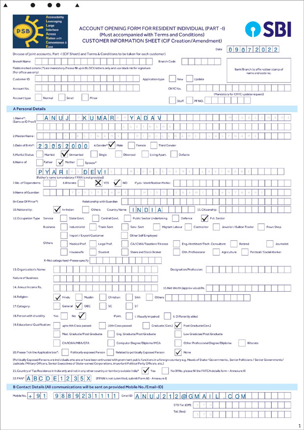 SBI Account Opening Form Sample