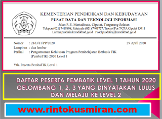 DAFTAR PESERTA PEMBATIK LEVEL 1 TAHUN 2020 GELOMBANG 1, 2, 3 YANG DINYATAKAN LULUS DAN MELAJU KE LEVEL 2 