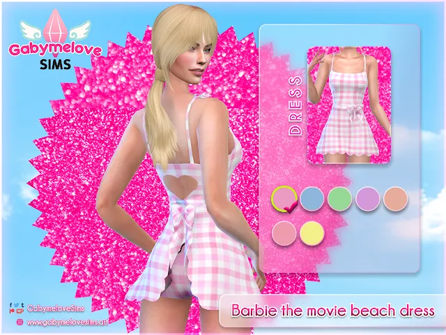Sims 4 CC | Clothing: Barbie the movie pink gingham beach dress for women | Gabymelove Sims | Download, descargar, custom content, contenido personalizado, mod, clothes, cloth, doll, film, película, rosa, live acion, margot robbie, ruth handler, rosado, cuadros, tartan, playa, playero, short, bañador, verano, vestido, mujer, woman, femenine, femenino, mattel, 2023