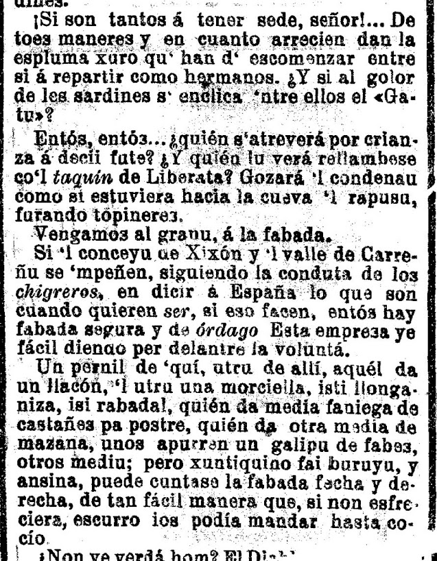 añu 1909: Sidra y fabada SÍ, fondones NON ... de Manuel Paredes, que dende La Felguera, opina sobre la petición de José Pando Pis de fondones de sidra y la ufierta de Liberata González de mandar sardines arenques a Melilla (2 de 3)