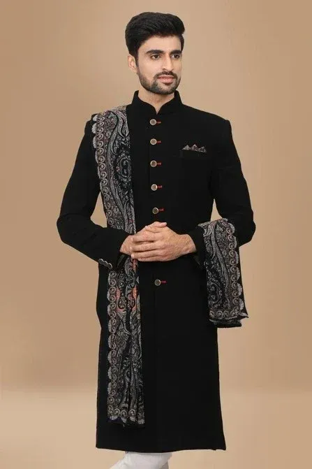 Wedding Sherwani Black - Wedding Sherwani Collection - Boys Sherwani Punjabi Design - Wedding Sherwani Hire - biyer sherwani pic - NeotericIT.com