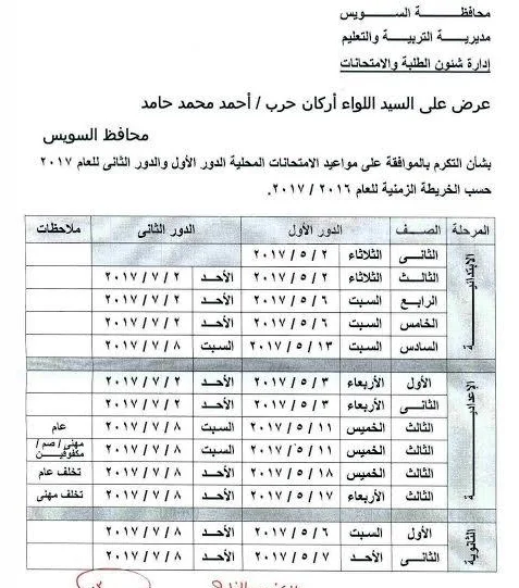 جدول كامل بمواعيد امتحانات اخر العام محافظه السويس2017 جميع المراحل