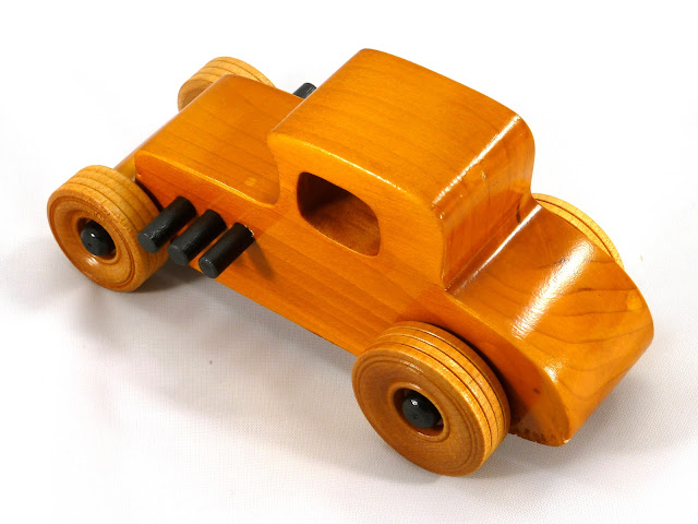 Left Rear Top - Wooden Toy Car - Hot Rod Freaky Ford - 27 T Coupe - Pine - Amber Shellac - Black Hubs