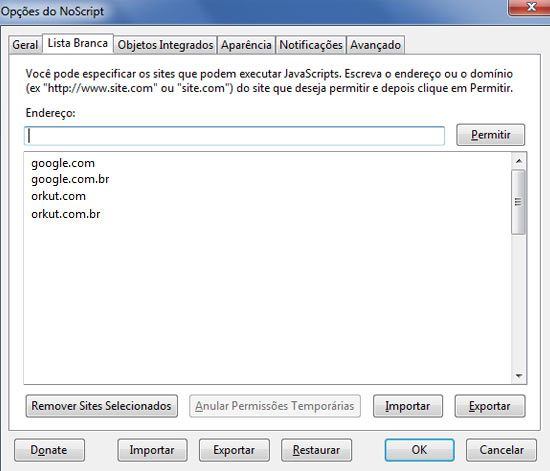 Listas de endereços permitidos no NOSCRIPT Listas de endereços permitidos no NOSCRIPT