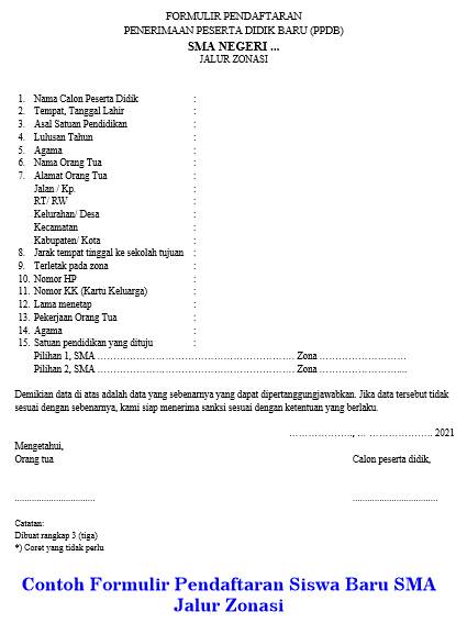 contoh formulir pendaftaran siswa baru sma