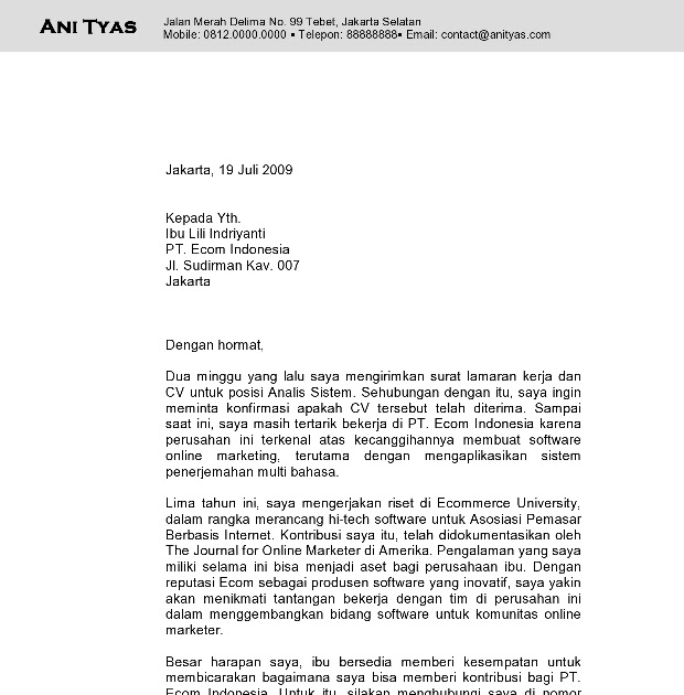 Contoh Surat Follow Up Interview Contoh Surat