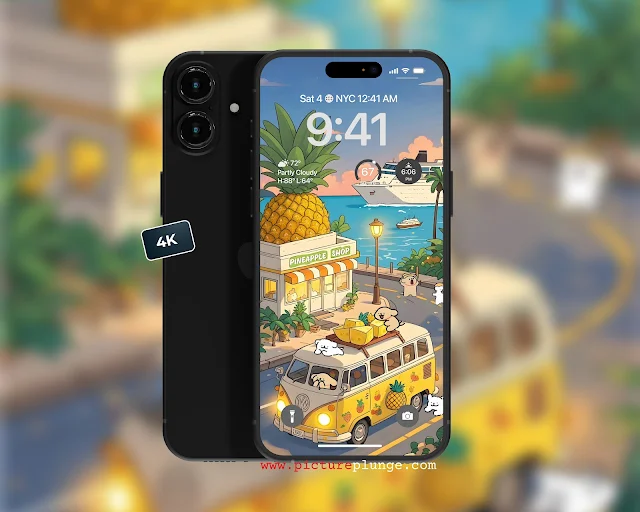 Cute Summer Cartoon Wallpaper – Pineapple Van by the Beach