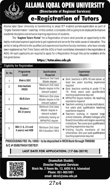 AIOU Tutors Jobs 2019 | 2200+ Vacancies | Allama Iqbal Open University AIOU Jobs