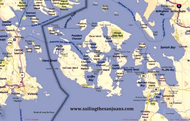 San Juan Islands map showing parks, citys, Canada, Gulf Islands