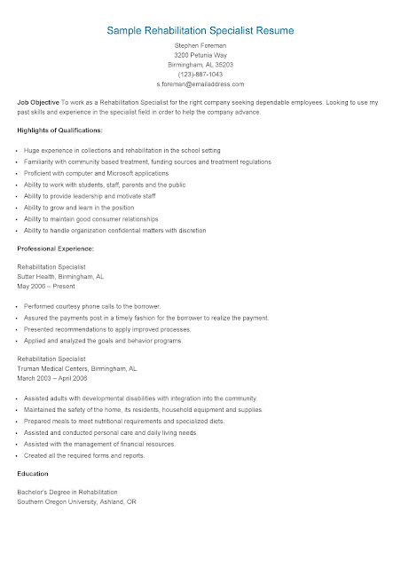 Sample Rehabilitation Specialist Resume