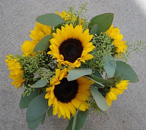 Sunflower wedding bouquet with seeded eucalyptus