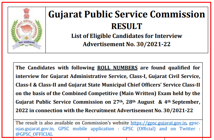 GPSC Class 1 and 2 (Advt. No. 30/2021-22) List of Eligible Candidates for Interview