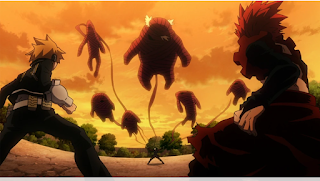 Kirishima and Kaminari looking on in horror as Bakugo and several objects are wrapped in bandages and held aloft by Mummy to use as projectiles.