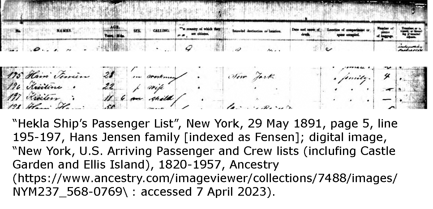 Hekla Ship's passenger list showing the Jensen family
