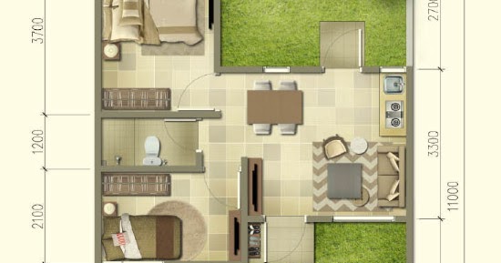 Denah rumah minimalis ukuran 7x11 meter 2 kamar tidur 1 
