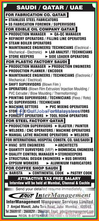 KSA, Qatar & UAE Job vacancies