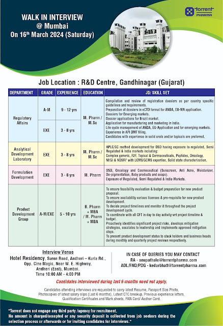 Torrent Pharma Walk In Interview For RA/ ADL/ Formulation Development/ Product Development