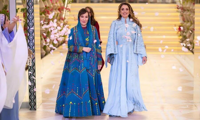 Princess Rajwa Al-Saif wore a white and gold dress by Saudi designer Honayda Serafi. Princess Iman and Princess Salma
