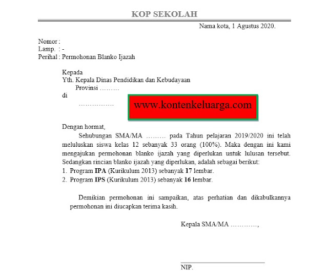 Format Surat Permohonan Blanko Ijazah (SD, SMP, SMA Sederajat)