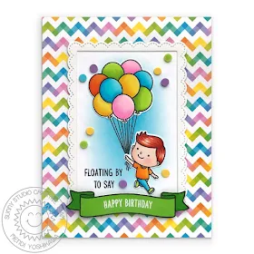 Sunny Studio Blog: Birthday Balloon Rainbow Chevron Card (using Spring Showers, Floating By & Banner Basics Stamps, Fancy Frames Rectangle Dies & Spring Fling Paper)