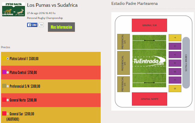 Venta de entradas para Los Pumas - Sudáfrica en Salta