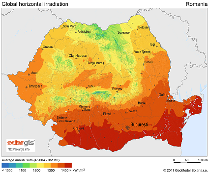 Romania: Global solar horizontal irradiation