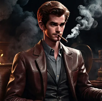 Cartoon like Andrew Garfield wearing a brown leather blazer with a black vest underneath and smoking a cigar