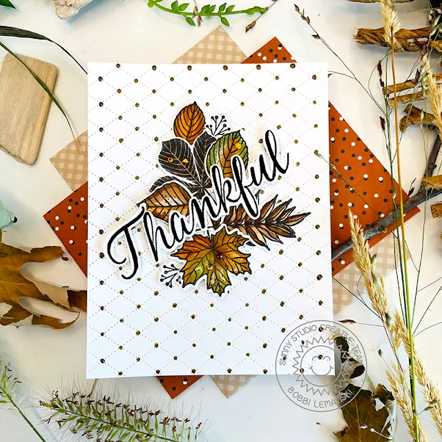 Sunny Studio Stamps: Dotted Diamond Background Die Focused Fall Card by Bobbi Lemanski (featuring Elegant Leaves)