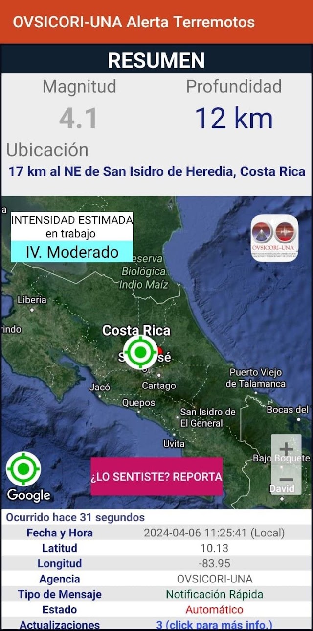 Sismo de magnitud 4.29 sacude Costa Rica este sábado