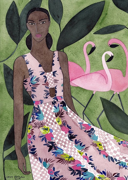 Kelly Beeman arte | dibujo en acuarela de mujer en vestido floreado